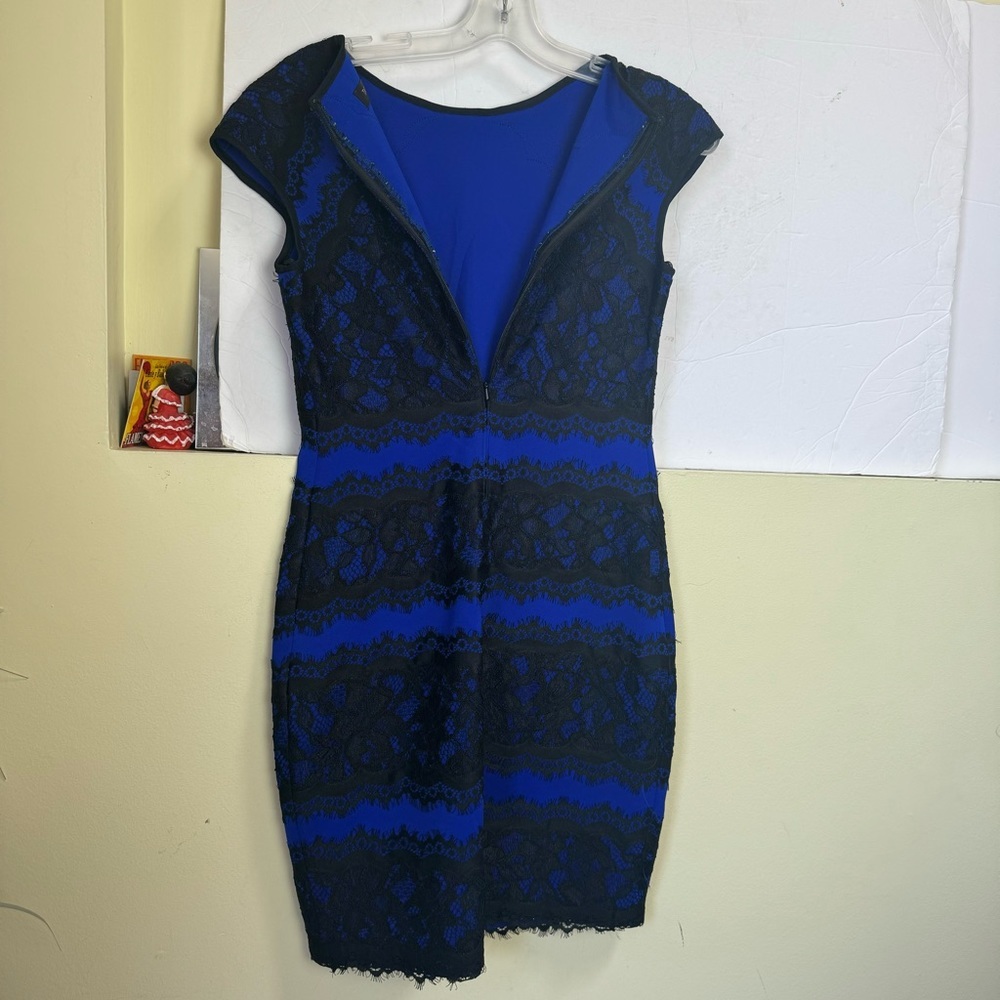 Tadashi Shoji Lace Cocktail Dress Short Sleeve Sheath Pencil Skirt Color Block 2 - Picture 5 of 16